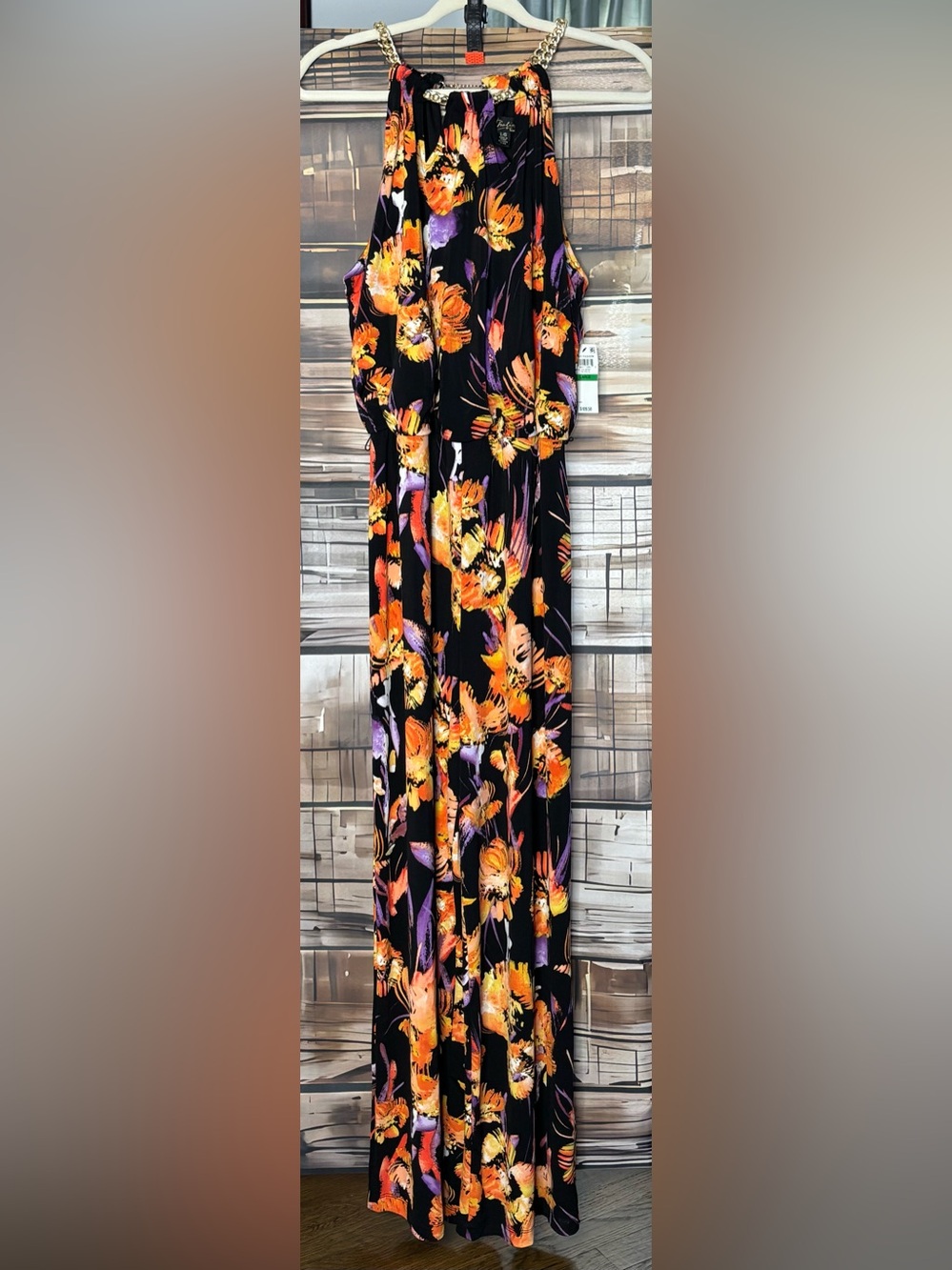 Thalia Sodi Black Orange Floral Halter Chain Jumpsuit Large NWT